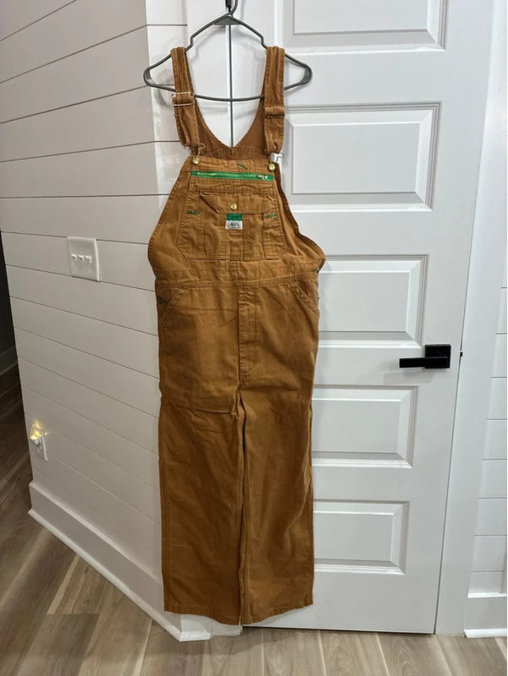 Liberty Brown Canvas Overalls with Green Zipper Detail